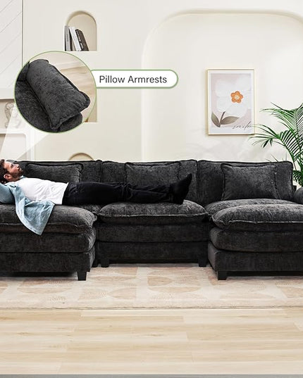 120" Modular Sectional Sofa, Comfy Cloud Couch Sectional Sofa with Ottoman, Chenille Sofa Sleeper Deep Seat Sofa with Throw Pillows for Living Room (Black, 120"- U Shape)