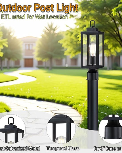 GRUENLICH Outdoor Post Lighting Fixture Pole Lantern, E26 Medium Base Max 60W, Metal Housing Plus Glass, Matte Black Finish, Bulb Not Included, 2 Pack