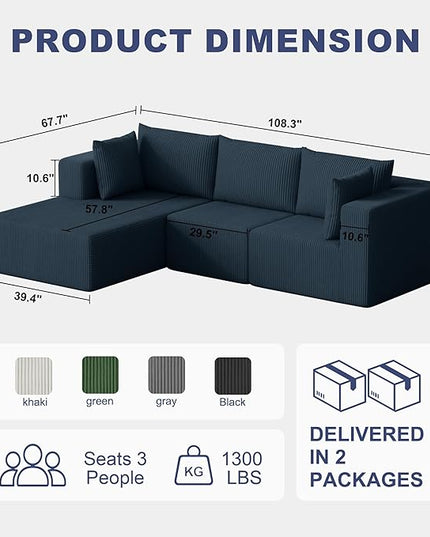 108" Boneless Couches for Living Room, Modular Cloud Couch Sofa - L Shap Corduroy Sectional Sofa, Fluffy Memory Foam Sleeper Sofa Furniture, No Assembly, Wide Armrest, Navy Blue
