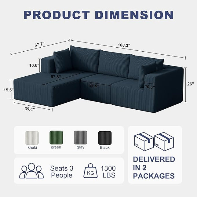 108" Boneless Couches for Living Room, Modular Cloud Couch Sofa - L Shap Corduroy Sectional Sofa, Fluffy Memory Foam Sleeper Sofa Furniture, No Assembly, Wide Armrest, Navy Blue