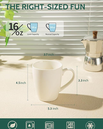 Sweese Porcelain Coffee Mugs - 16 Ounce - Set of 6, Cups for Latte, Hot Tea, Cappuccino, Mocha, Cocoa, White
