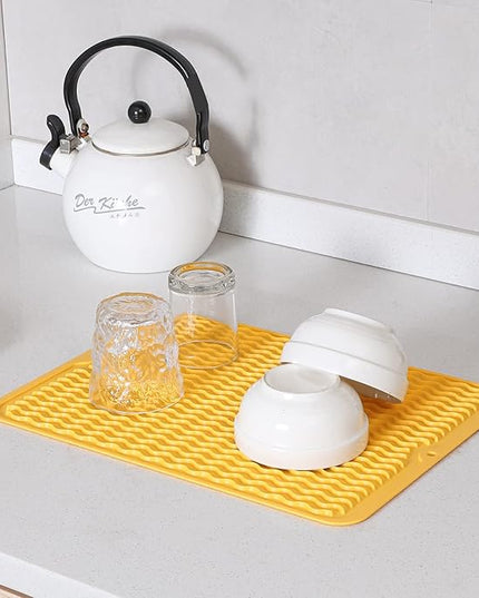 Silicone Dish Drying Mat for Multiple Usage,Easy clean,Eco-friendly,Heat-resistant Silicone Mat for Kitchen Counter or Sink,Refrigerator or drawer liner Yellow L 16 inches x 12 inches