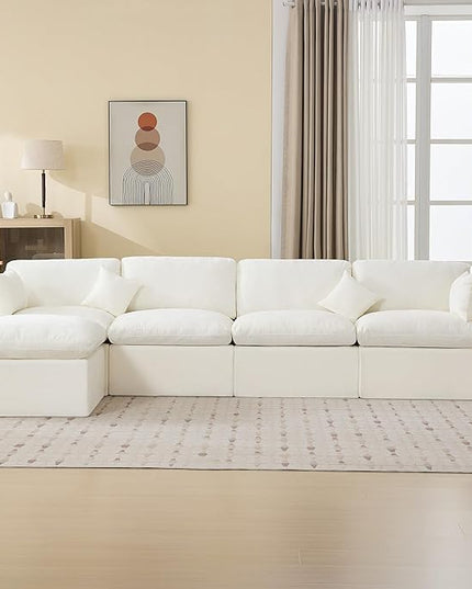 155''Cloud Boneless Sectional Couch, Modular Sectional Sofa Deep Seat with Ottoman, Oversized Upholstered Convertible Comfy 5 Seater Chenille Sofa L Shape Couches for Living Room, Beige