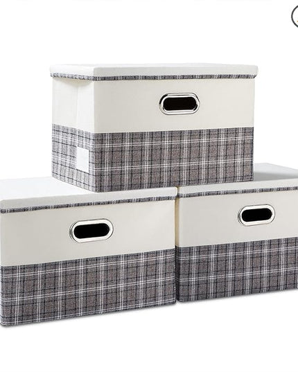 PRANDOM Large Collapsible Storage Bins with Lids [3-Pack] Fabric Foldable Storage Boxes Organizer Containers Baskets Cube with Cover for Home Bedroom Closet Office Gray plaid & Cream(17.7x11.8x11.8)