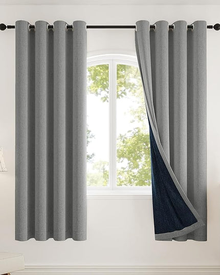 100% Blackout Curtains for Bedroom, Thermal Insulated Curtains 63 Inch Length Curtain 2 Panels, Soft Farmhouse Linen-Look Textured Full Light Blocking Room Darkening Drapes, W52xL63, Grey