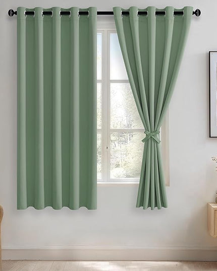JIUZHEN Light Sage Blackout Curtains with Tiebacks Thermal Insulated, Light Blocking and Noise Reducing Grommet Curtains for and Living Room, Set of 2 Window Curtain Panels, 60 x 63 Inch Length