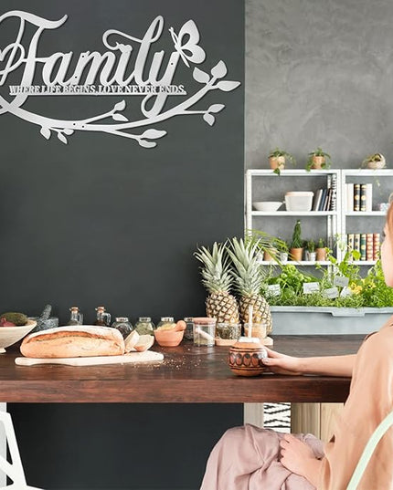 Family Where Life Begins Love Never Ends Word Sign Metal Wall Decor, Silver Home Decor Wall Art Decorations, Letters Quotes Sign for Living Room Bedroom Kitchen Indoor Outdoor Decor(28 x 13in)