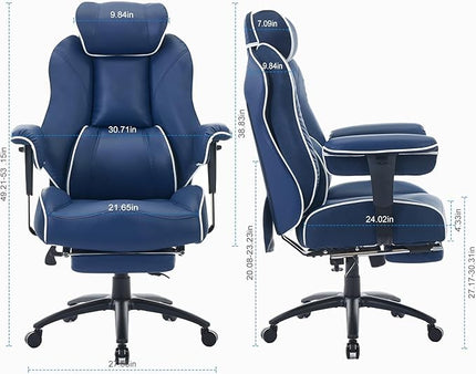 DJ·Wang Big and Tall Office Chair with Foot Rest, High Back Executive Office Chair PU Leather, Ergonomic Chairs with Lumbar Support, 135° Reclining Chairs with Thickened Spring Cushion Blue