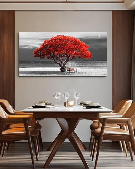wall art for living room Decorations Photo Prints - panoramic black and white with red trees The moon Landscape - Modern Home Decor The room Stretched and Framed Ready to Hang artwork 30x60inches