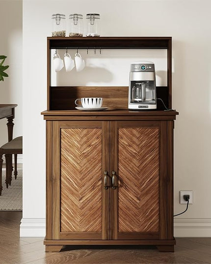 Farmhouse Coffee Bar Cabinet with Storage,31.5" Kitchen Cabinet with Hooks and Charging Station,Coffee Station with Adjustable Shelf and Hutch,Sideboard for Living Dining Room