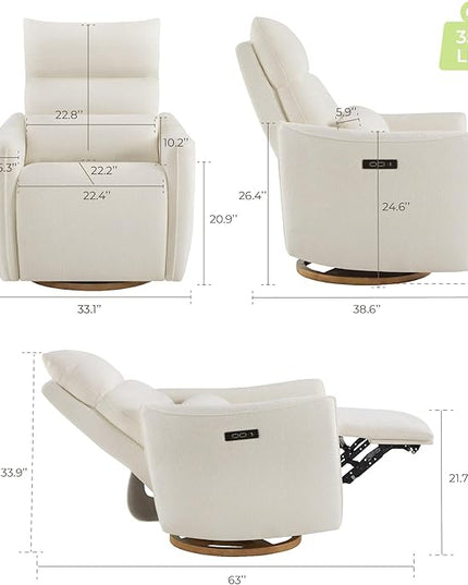 CHITA Swivel Rocker Recliner Chair, Power Nursery Glider Recliner, Nursery Rocking Chair with Adjustable Power Headrest, FSC Certified, Solid Wood Base, Cream