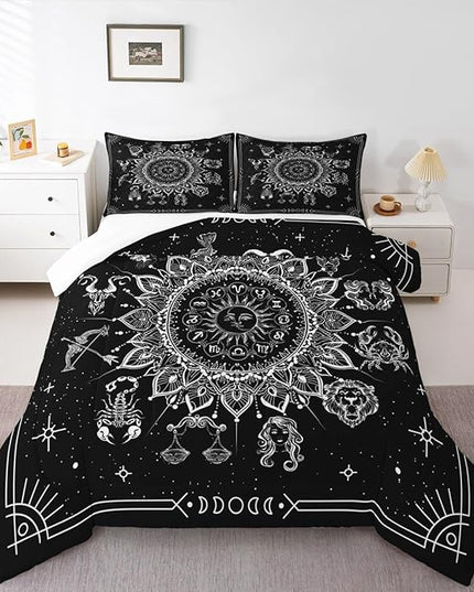 Sun and Moon Kids Comforter Set Queen Size,Starry Sky Galaxy Planet Trippy Bedding Set,Boys Girls Adults Room Decor,12 Constellation Datura Boho Down Comforter,Black White Duvet Insert,2 Pillowcases