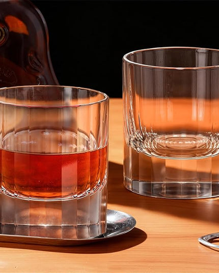 KAMMAK Crystal Whiskey Glasses Set of 2, 10.14 Oz Old Fashioned Tumbler with Delicate Cut Rim & Thick Heavy Base, Elegant Barware for Scotch, Bourbon, Cocktail, Wine - Ideal Gift & Home Drinkware