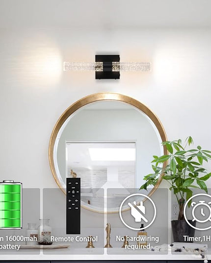 Battery Operated Crystal Wall Sconce Set of Two, Rechargeable Modern Vanity Light Fixtures With Remote Control, 3000K-6000K Dimmable Black LED Wall Lights for Bathroom Bedroom Living Room Hallway