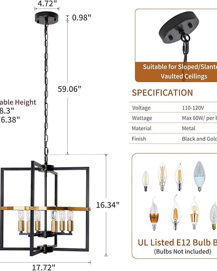6-Light Black and Gold Chandelier, Geometric Dining Room Light Fixture, Modern Chandelier, Hanging Industrial Metal Farmhouse Chandeliers for Living Room Entryway Foyer Kitchen