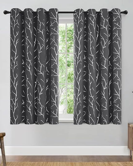 BUHUA Blackout Curtains Set of 2 Panels, Small Window Grommet Top Window Drapes, Room Darking Short Bedroom Curtains with Branches Silver Print Pattern 52W x 54L, Dark Grey