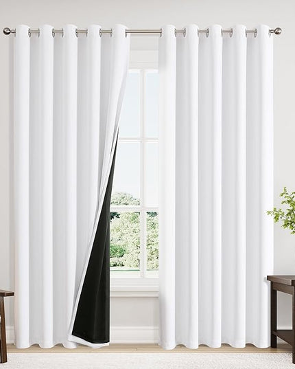 ChrisDowa 100% Blackout Curtains 84 inch Long for Bedroom with Black Liner, Extra Wide 2 Thick Layers Total Blackout Thermal Insulated Grommet Window Curtains 2 Panels Set (Pure White, 60 x 84 Inch)