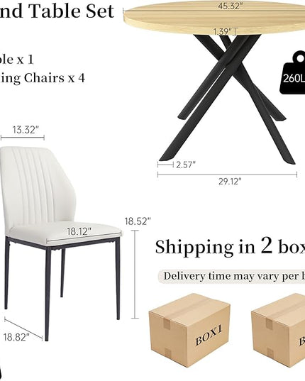 45.3'' Walnut Round Dining Table Set for 4, Mid Century Modern Small Coffee Set for Dining Room Kitchen Apartment (Cream Table + 4 White Chairs)