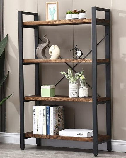 Solid Wood Bookshelf,4 Tier Rustic Vintage Industrial Etagere Bookcase, Open Metal and Wood Vintage Book Shelf, Retro Brown (RealWood)(4-Tier)