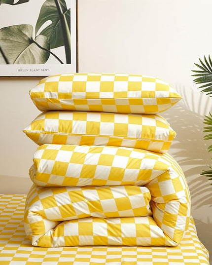 Houseri Yellow White Plaid Comforter Sets Twin Size Girls Boys Kids Light Yellow Checkerboard Dorm Bed Comforters Twin Bright Yellow Buffalo Checkered Grid Bed Quilt Soft Comfy Comforter Set Twin