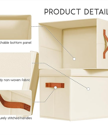 Storage Bins with Lids - Large Fabric Closet Bins with Lid, 5 Pack Clothes Organizers and Storage, Collapsible Stackable Cube Basket for Home, Office, Dorm, Beige