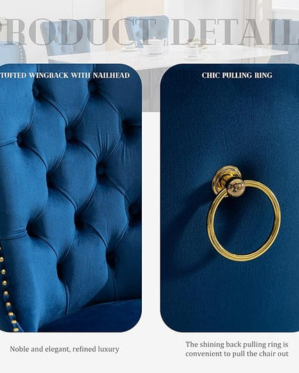 SoarFlash Velvet Dining Chairs Set of 6, Tall Back Side Chair, Modern Upholstered Side Chair with Button Back Ring, Gold Plated Stainless Steel Legs (Blue)