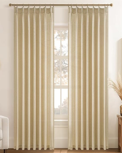 Pinch Pleated 92 Inch Curtains 2 Panels for Living Room,Beige Light Linen Curtains 92 Inches Long Pinch Pleat Drapes for Track System Light Filtering Semi Sheer Curtains for Dining Bedroom Office