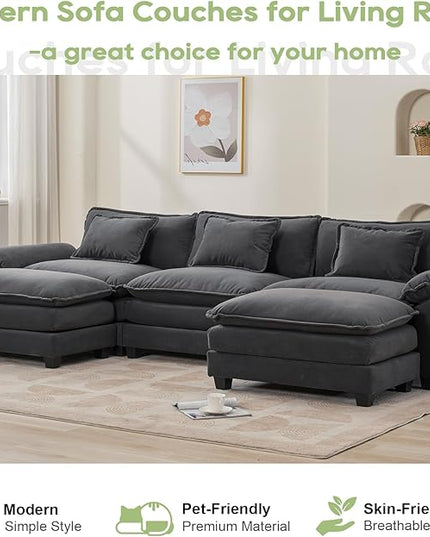 120" Modular Sectional Sofa, Comfy Cloud Couch Sectional Sofa with Ottoman, Chenille Sofa Sleeper Deep Seat Sofa with Throw Pillows for Living Room (Blue Gray, 120"- U Shape)