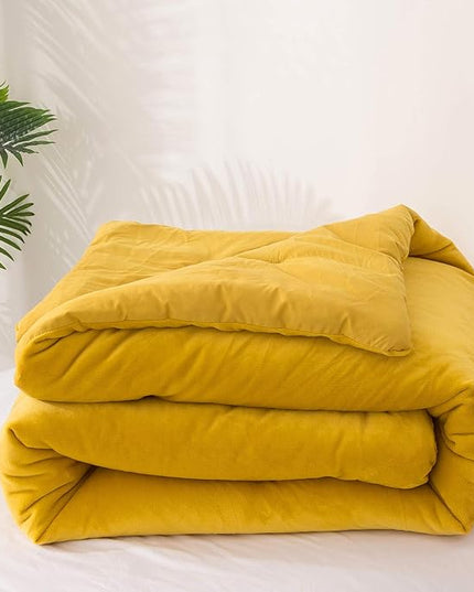 Luxlovery Mustard Velvet Comforter Set King Dark Yellow Fluffy Bedding Comforter Set Women Men Solid Heavyweight Winter Thick Warm Plush Flannel Comforter Set for Adults Teens…