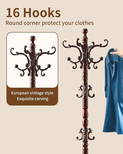 EZIVIEZ Wooden Coat Rack Stand, Solid Wood Freestanding Coat Rack, Vintage Coat Racks with 14 Hooks & Triangle Base, Standing Coat Hanger Jacket Tree Stand for Office, Entryway, Hallway