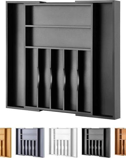 Large Premium Bamboo Silverware Organizer - Expandable Drawer Organizer & Utensil Organizer - 17"x19.7" Cutlery Tray with Dividers for Kitchen Utensils and Flatware (7-9 Slots) (Black)
