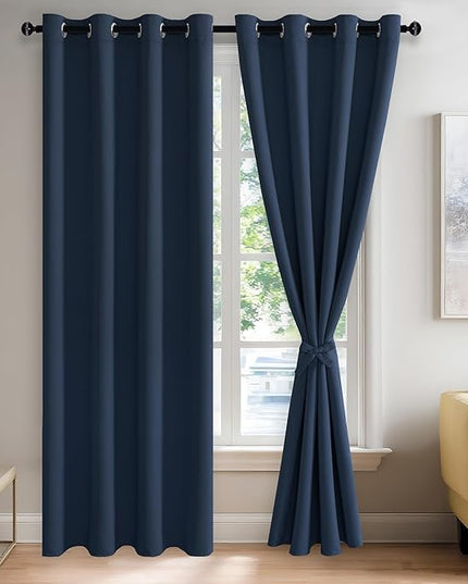 JIUZHEN Navy Blackout Curtains with Tiebacks-Thermal Insulated, Light Blocking/Noise Reducing Grommet Curtain Drapes for Bedroom/Living Room, Set of 2 Window Curtain Panels, 52 x 84 Inch Length
