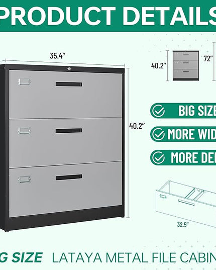 Letaya File Cabinet with Lock-Lateral 3 Drawer Metal Filing Cabinets-Organization Storage for Home Office-Hanging Letter/Legal/F4/A4 Size (Grey Black)