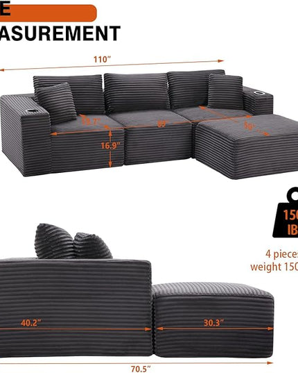 110" Boneless Couch in A Box, Convertible L Shaped Modular Sectional Sofa Set with Deep Seat, Corduroy Cloud Couch Sectional Couches for Living Room, No Assembly Required(3 Seat+ 1 Ottoman,Gray)