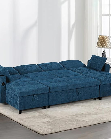 110" Sectional Pull Out Sofa Bed with Adjustable Backrests, U-Shaped Sleeper Sofa with USB Ports, Upholstered Reversible Couch with Cup Holder & Storage Space for Living Room, House, Blue