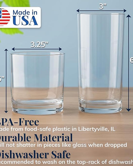US Acrylic Classic Clear Plastic Reusable Drinking Glasses (Set of 8) 12oz Rocks & 16oz Water Cups | BPA-Free Tumblers, Made in USA | Top-Rack Dishwasher Safe