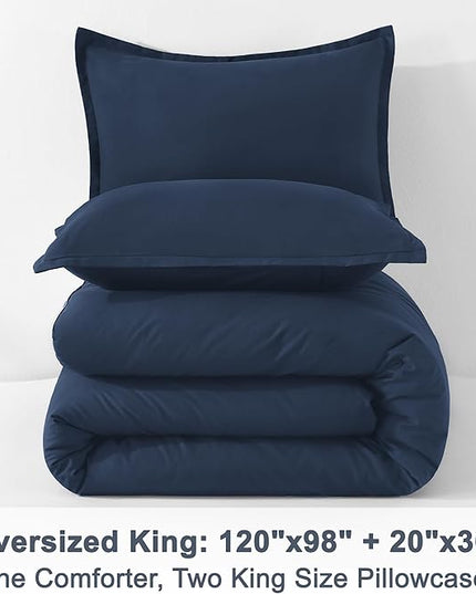 Litanika Navy Blue Comforters Oversized King Size, 3 Pieces Lightweight Solid Bedding Comforter Set, All Season Fluffy Bed Set (120x98In Comforter & 2 Pillowcases)