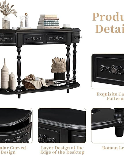 HMFULE Retro Curved Console Table, 52" Solid Wood Half Moon Console Table Sofa Table with 4 Drawers 1 Open Shelf for Living Room,Entryway,Hallway,Black