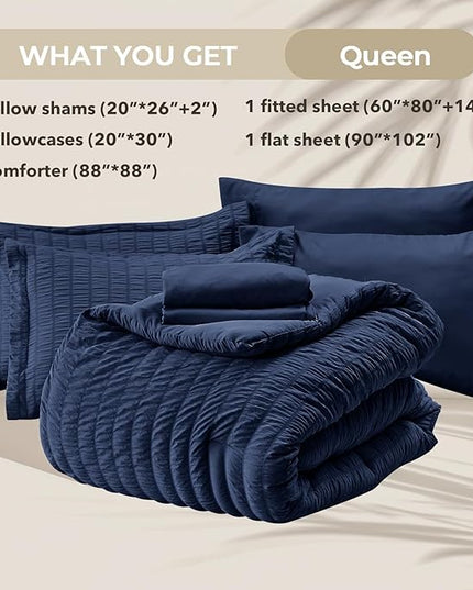 HYMOKEGE Navy Blue Queen Comforter Set Seersucker 7 Pieces, All Season Luxury Bed in a Bag for Bedroom, Bedding Set with Comforters, Sheets, Pillowcases & Shams