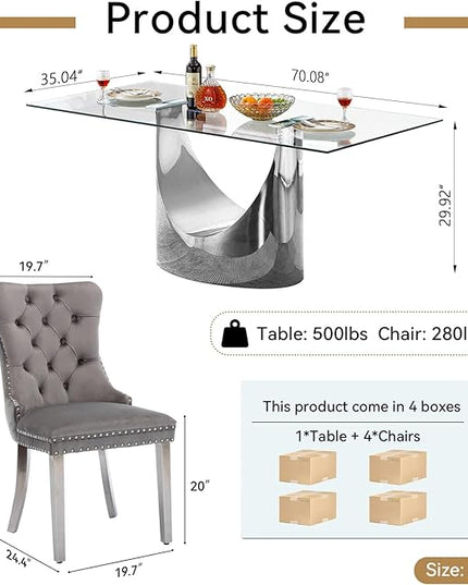 5 Piece Dining Table Set, Modern Glass Dining Table Set for 4 with Velvet Chairs, 70" Luxury Dining Table Chairs Set of 4, Kitchen Dining Room Sets for Dinner Dinette Breakfast Banquet, Grey+Silver