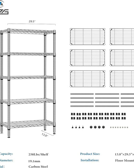 1250 lbs 5 Tier Shelf Metal Storage Shelves Shelving Wire Rack Heavy Duty Closet Organizers for Garage Kitchen Bathroom Laundry Chrome 13.8" D x 29.5" W x 59.5" H