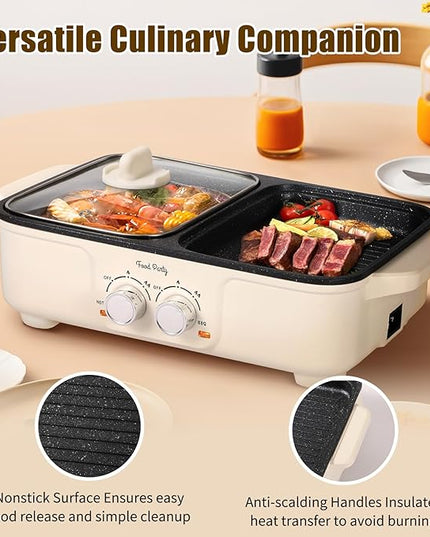 Food Party Hot Pot Electric Grill 2 in 1 Korean BBQ Grill Indoor Smokeless Hotpot Pot Electric Cooker Sahabu Shabu Pot Non Stick (Small)