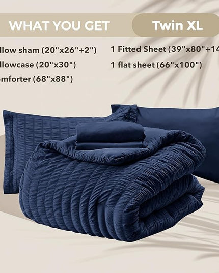 HYMOKEGE Navy Blue Twin XL Comforter Set Seersucker 5 Pieces, All Season Luxury Bed in a Bag for Bedroom, Bedding Set with Comforter, Sheets, Pillowcase & Sham