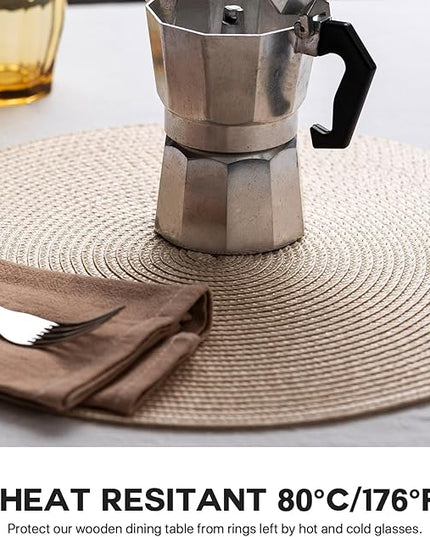 Round Placemats Set of 4 Plastic Woven Placemats Washable Wipeable Table Mats for Dining Table Heat Resistant Non-Slip Circle Place Mats（Beige