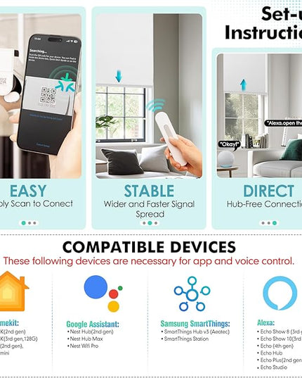 Motorized Blinds with Remote, Hub-Free Smart Blinds Work with Alexa, Automatic Roller Shades for Windows with Matter Motor, Cordless Blackout Shades, Solar Panel, Rechargeable, White, 48*72