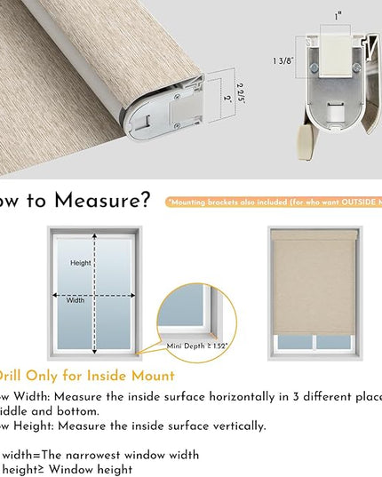 Persilux Smart Motorized Blinds with Remote, No Drill Automatic Roller Shades for Indoor Windows, Blackout Linen Fabric, Electric Blinds for Windows, Nature Khaki C153BO-3, Custom Size