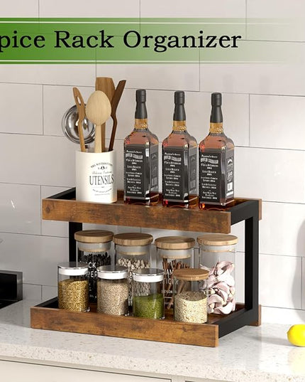 MARTY 2 Tier Spice Rack Organizer for Countertop, 15.8''L Coffee Station/Bathroom Organizer Countertop, Counter Shelf Desktop Storage Organizer for Kitchen, Bedroom, Office (Rustic Brown)