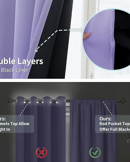 BGment Purple 100% Blackout Curtains for Bedroom 84 Inches Long with Black Liner, Thermal Insulated Double Layer Full Room Darkening Rod Pocket Curtain (42 x 84 Inch, Light Purple, 2 Panels)