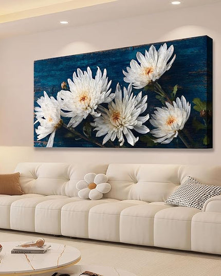 HUADAOART White Chrysanthemum Canvas Wall Art 40 x 20 inches Navy Blue Background Contemporary Floral Print Living Room Decor Ready to Hang