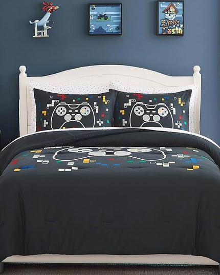 Full Size Comforter Set for Boys-7 Pieces Gamer Glow in The Dark Full Bedding Sets for Kids, Ultra Soft Bed in A Bag with Sheets